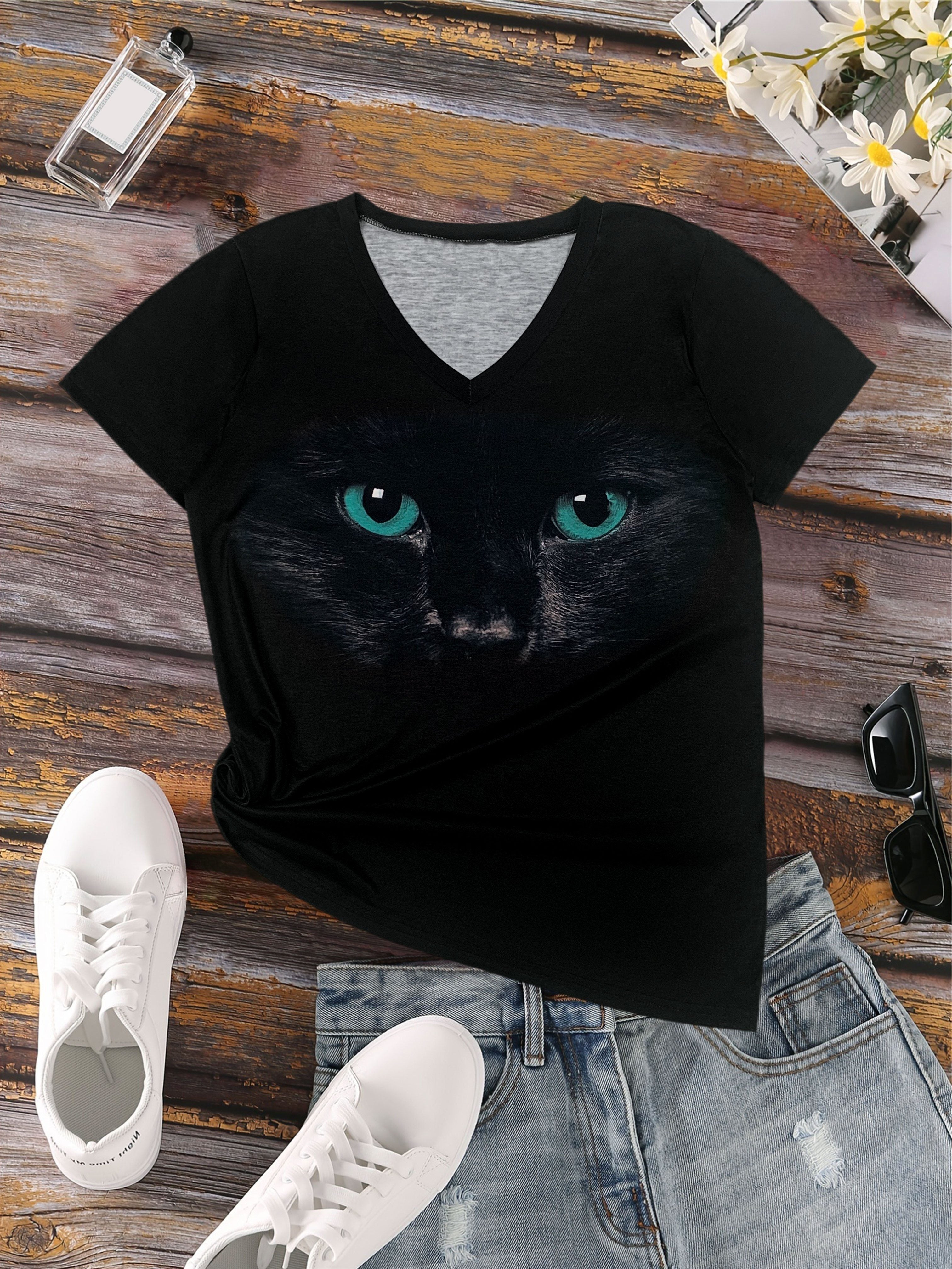 Women's Cat Print V-Neck T-Shirt Spring Summer Casual Short Sleeve Polyester Spandex