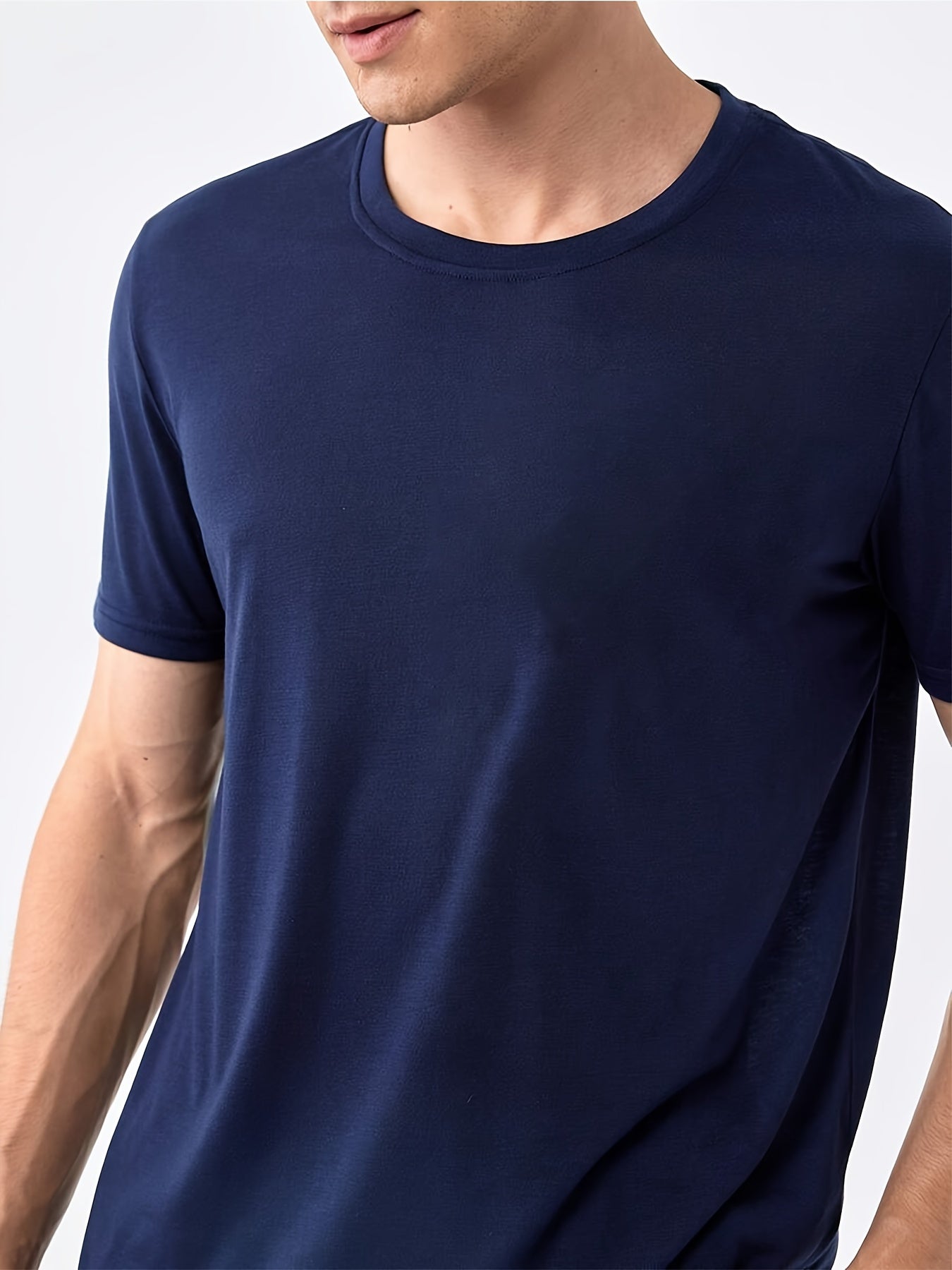 Men's Blue Pajama Set with Short Sleeve Crew Neck Top and Plaid Trousers