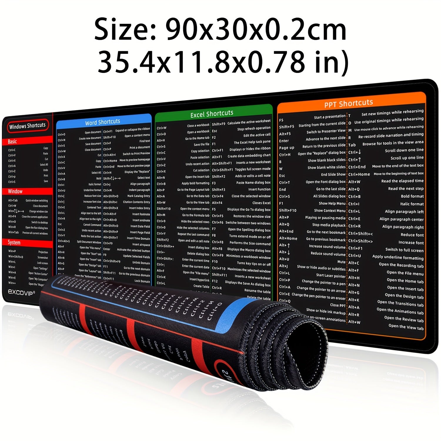 1 dona Katta Stol Pad, Office Word, Excel va PPT uchun Oddiy Windows Qisqa Yo'llari bilan, qisqa yo'l naqshiga ega bo'lgan sirpanmaydigan klaviatura va sichqoncha pad.