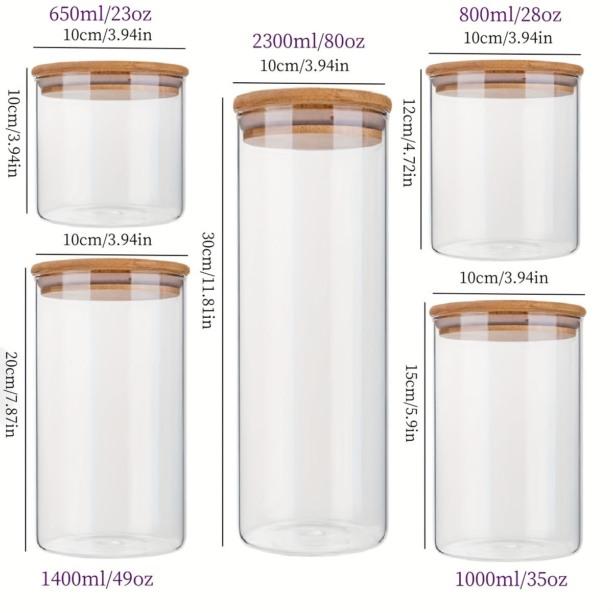 Set of 5 Glass Food Storage Jars with Bamboo Lids, Airtight, Large Capacity