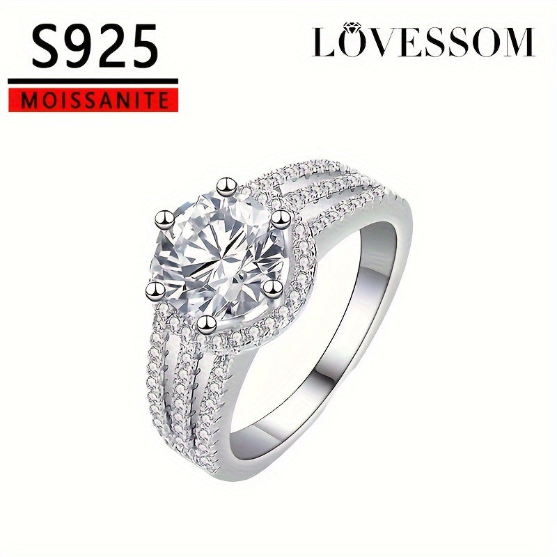 Sterling Silver Wide Band Ring with 2/3ct Moissanite and Pave Zirconia for Engagement or Wedding