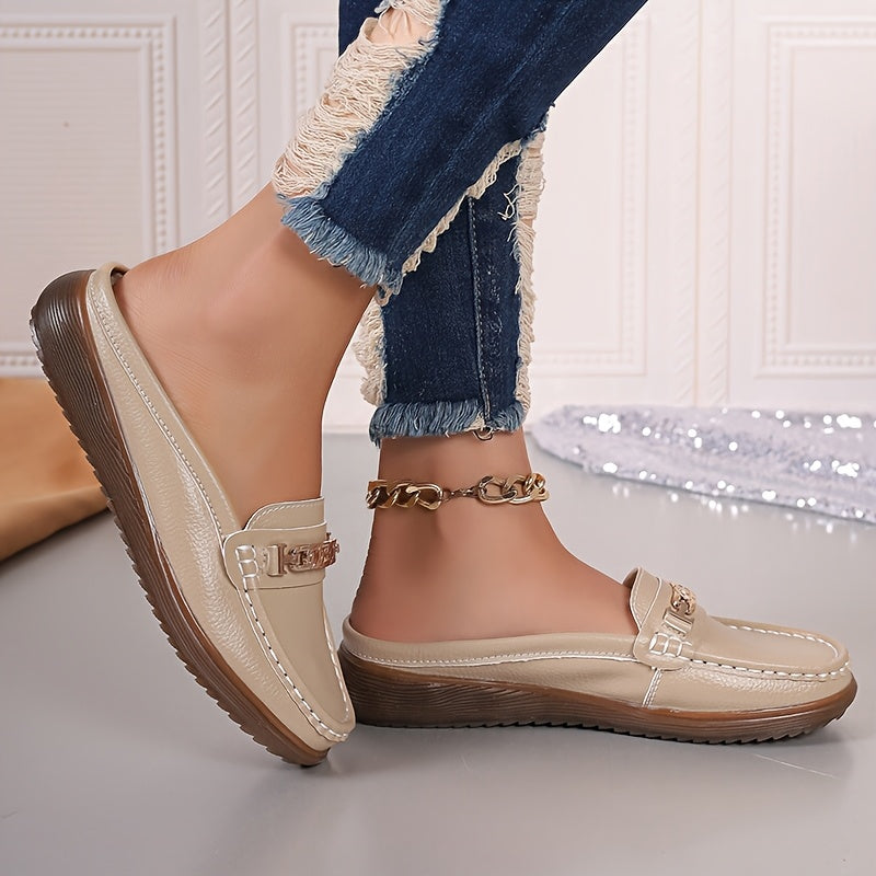 Women’s Fashion Mules Slip-Resistant Flats with Metallic Buckle in Beige Black Blue