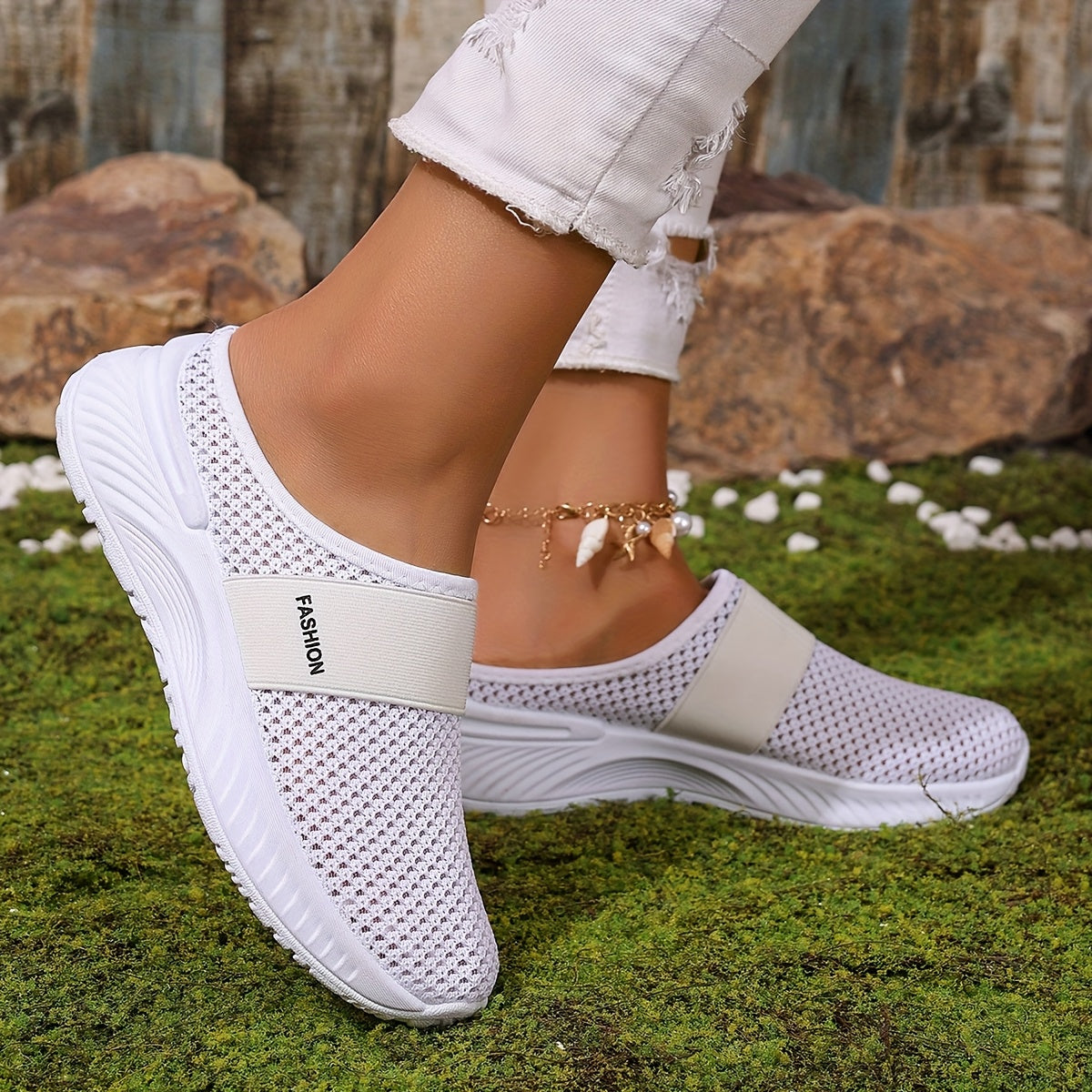 Women's White Slip-On Sneakers Breathable Fabric Lightweight Sole