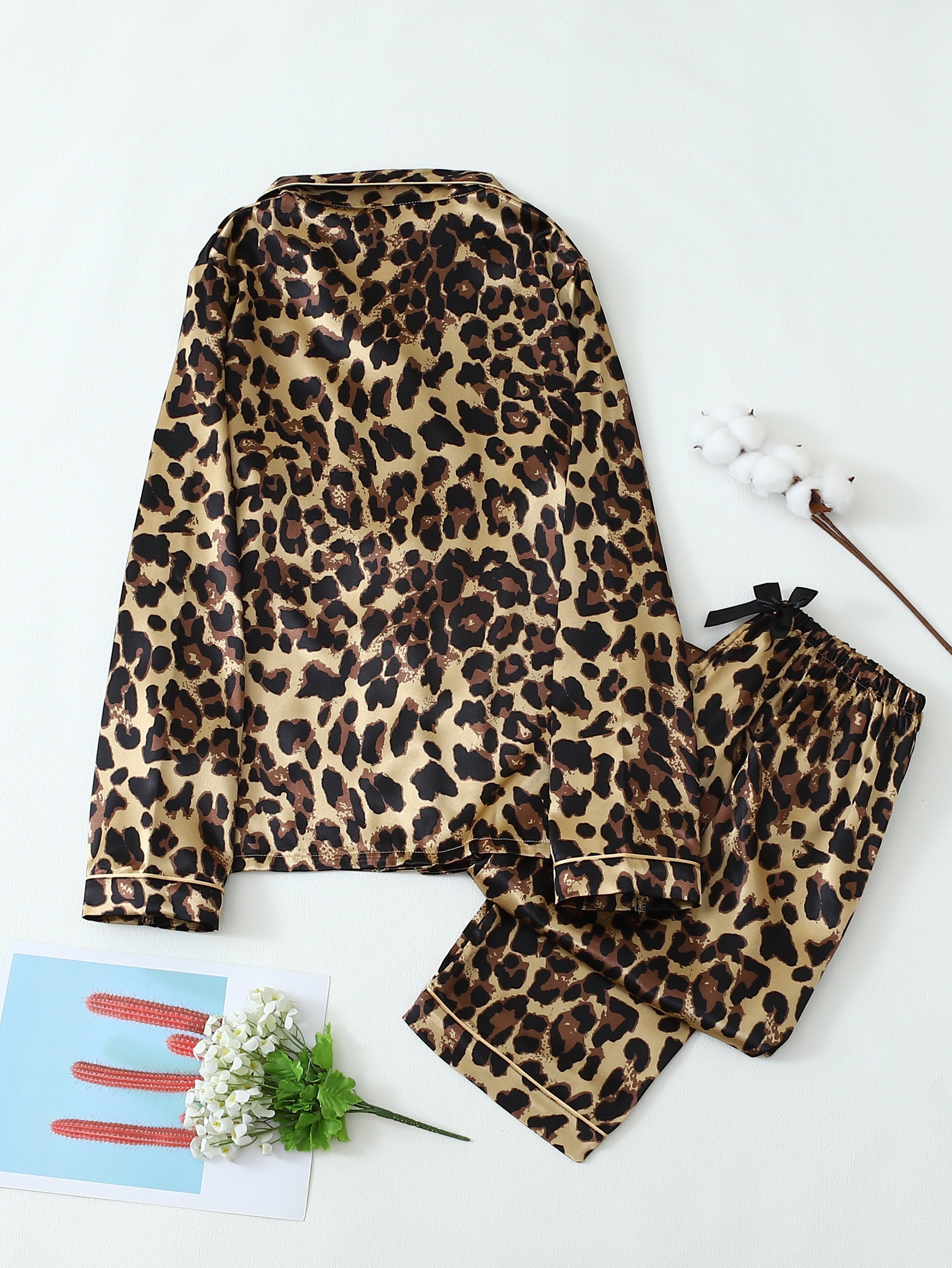 Teen Girl Leopard Print Pajama Set Long Sleeve Lapel Top Casual All-Season Soft Polyester