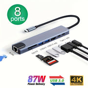 Hub USB C 8-en-1 con entrega de potencia de 87W, Ethernet, lector de tarjetas SD TF, 4K Ultra HD