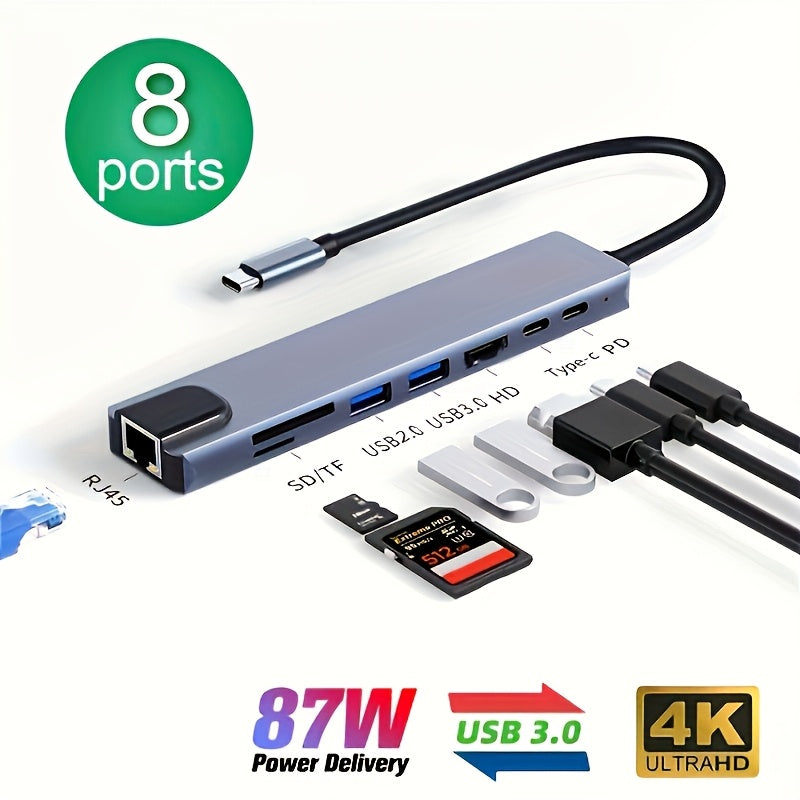 Hub USB C 8-en-1 con entrega de potencia de 87W, Ethernet, lector de tarjetas SD TF, 4K Ultra HD