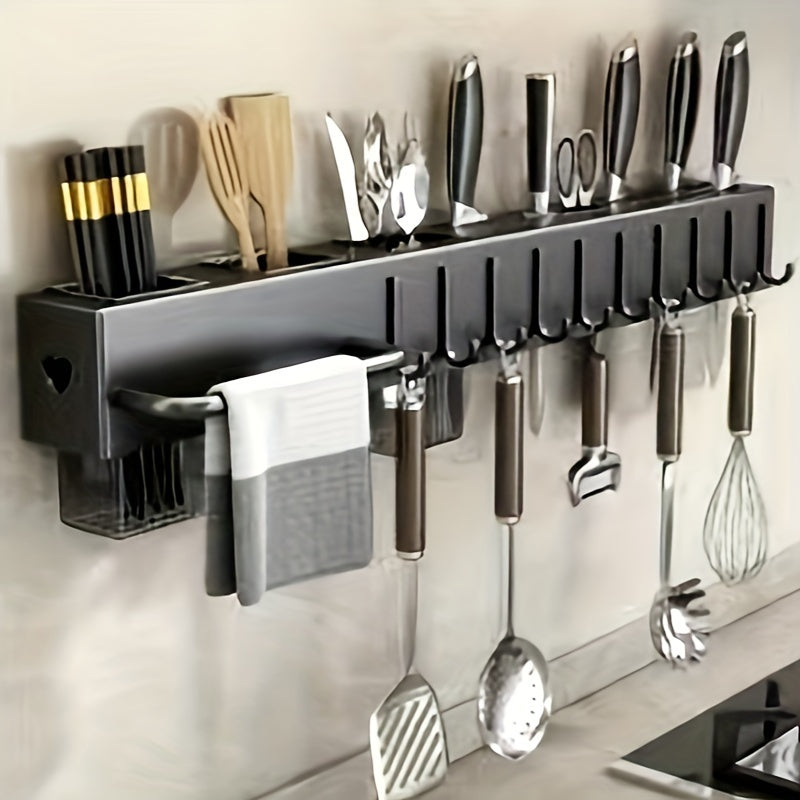 Wall-Mounted Carbon Steel Kitchen Organizer with Drainage and Towel Holder