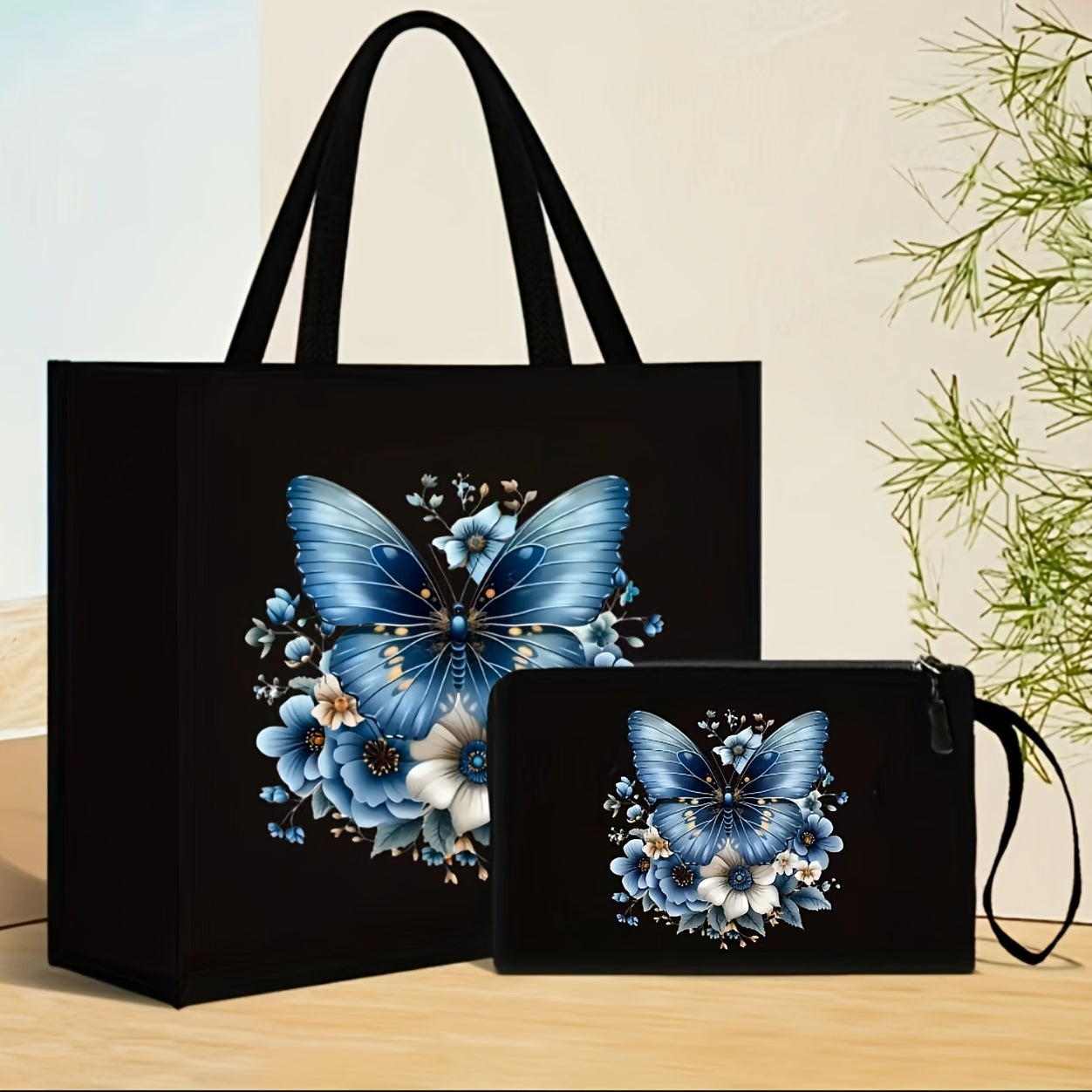 Handbag and Wallet Set with Butterfly and Floral Print Durable Shoulder Strap Magnetic Closure