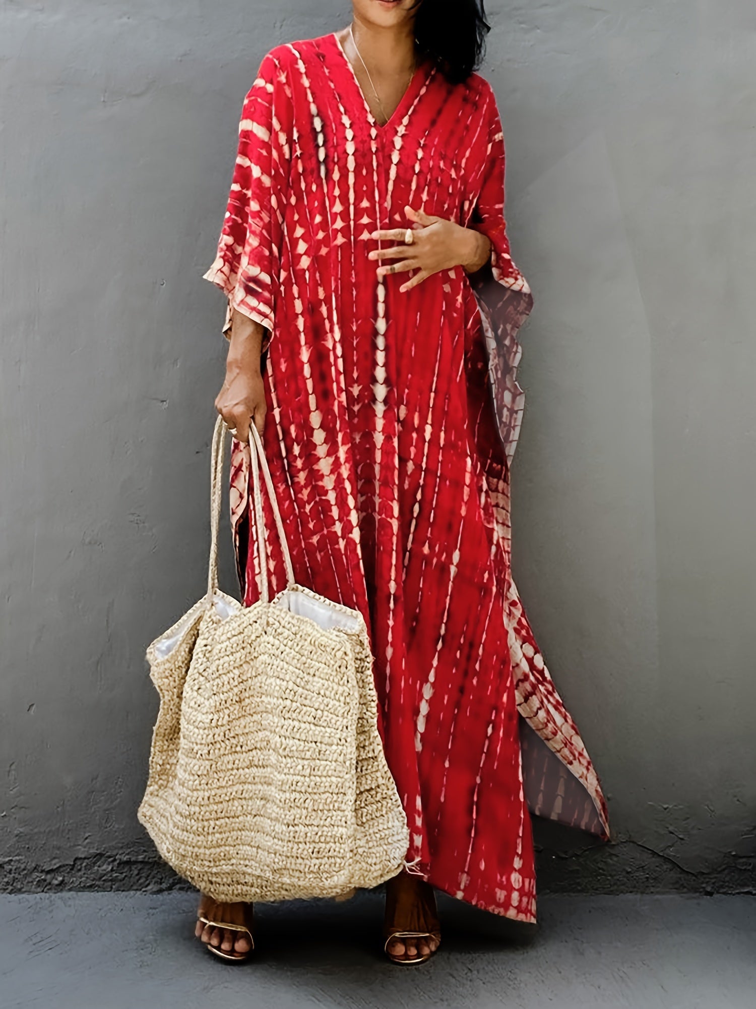 Plus Size Tie Dye Print Kaftan Dress Women V Neck Side Split Clothing