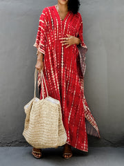 Plus Size Tie Dye Print Kaftan Dress Women V Neck Side Split Clothing