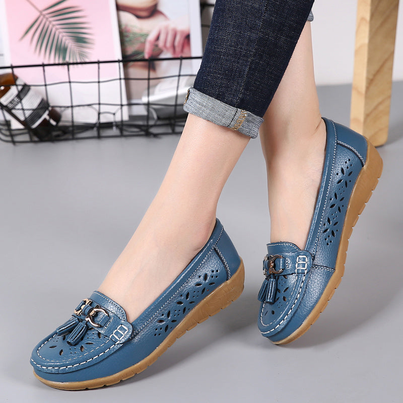 Women's Embroidery Loafers with Metal Tassel Hollow Out Soft Platform Shoes