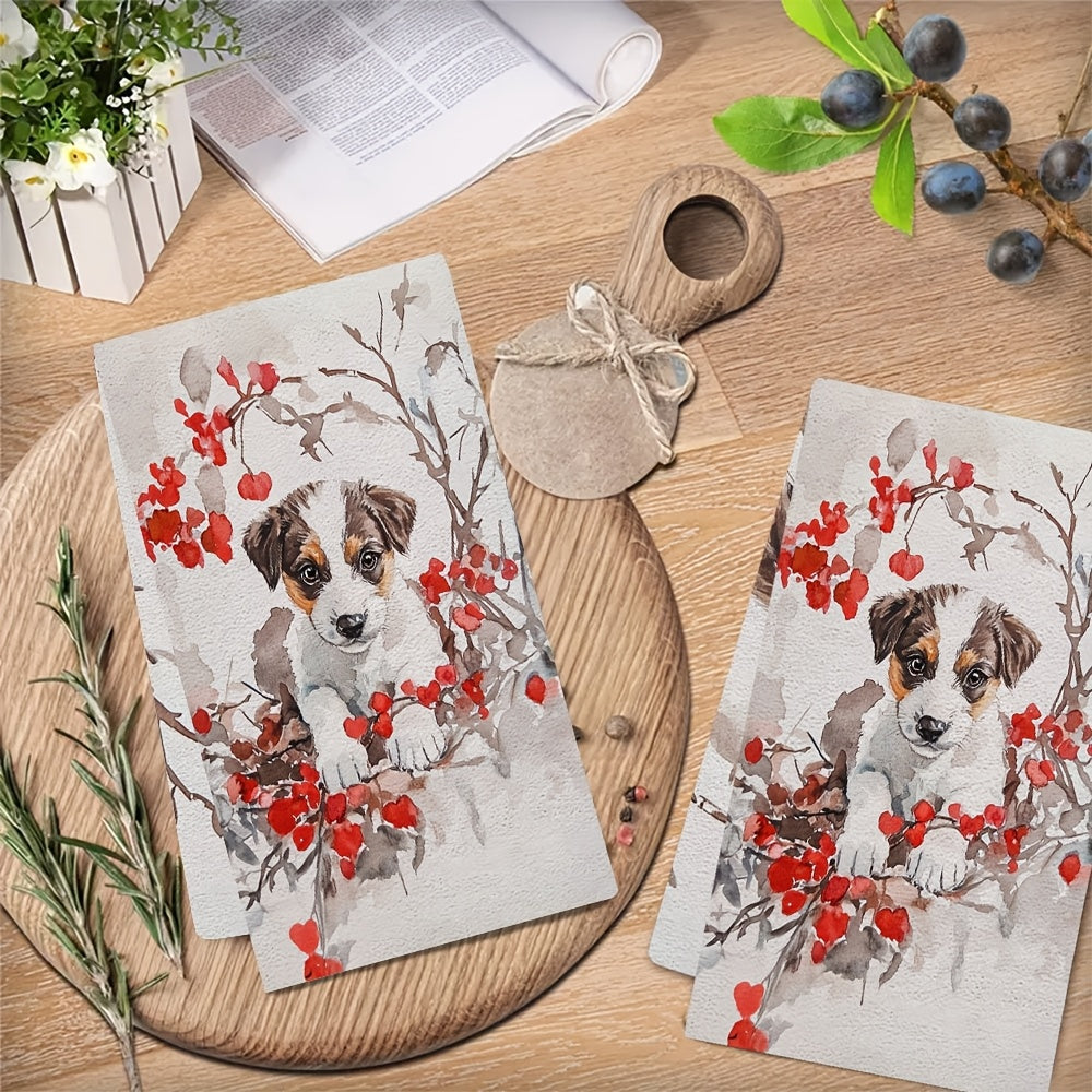 Juego de 2 toallas de cocina ultra suaves con frambuesas rojas y cachorro, absorbentes para secar platos