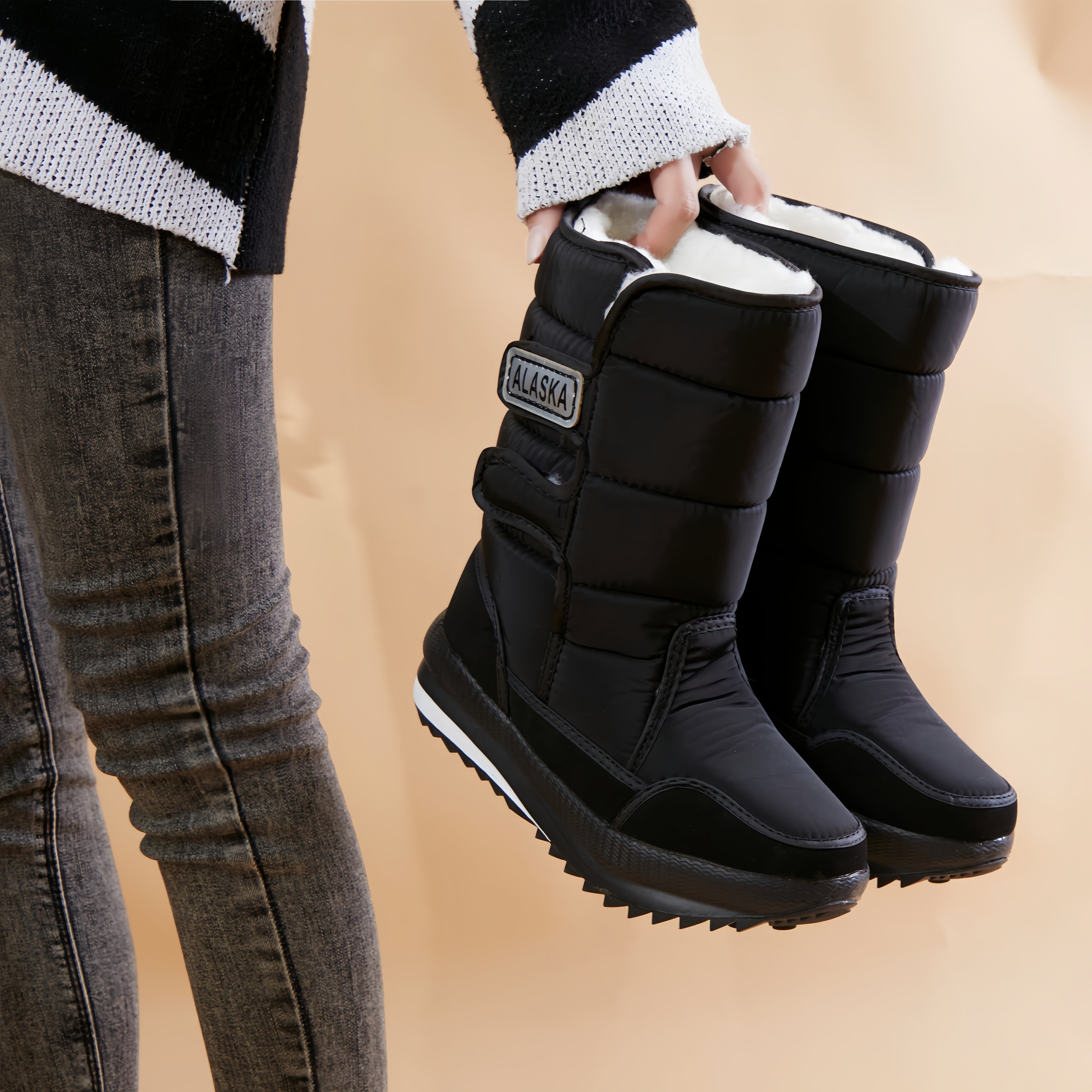 Женские зимние сапоги до середины икры с флисовой подкладкой и противоскользящей толстой подошвой