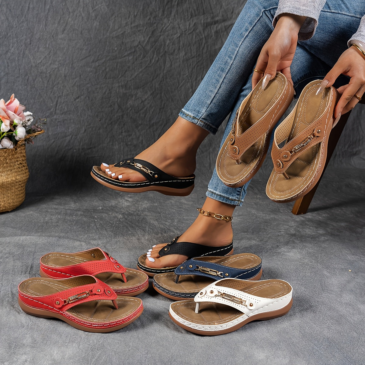 Women's Sandals Slip-On Open-Toe Thong with Arch Support and Soft Sole