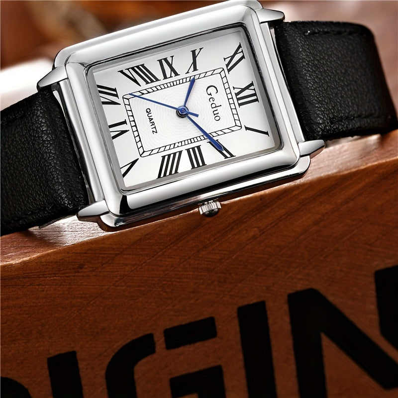 Men's Square Quartz Watch with Roman Numerals and Leather Strap