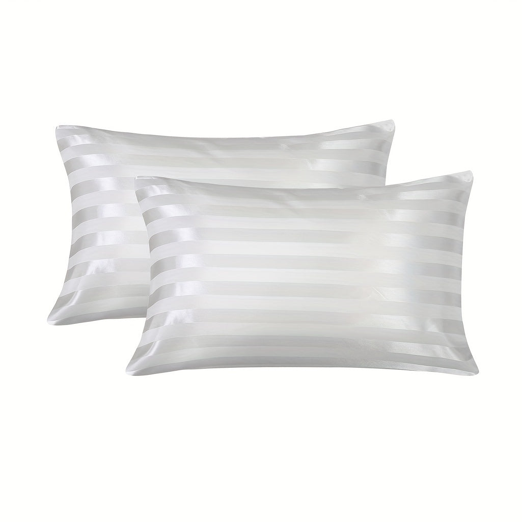 Set of 2 Satin Pillowcases with Envelope Closure Striped Pattern Ultra-Soft Woven Fabric for Hair and Skin