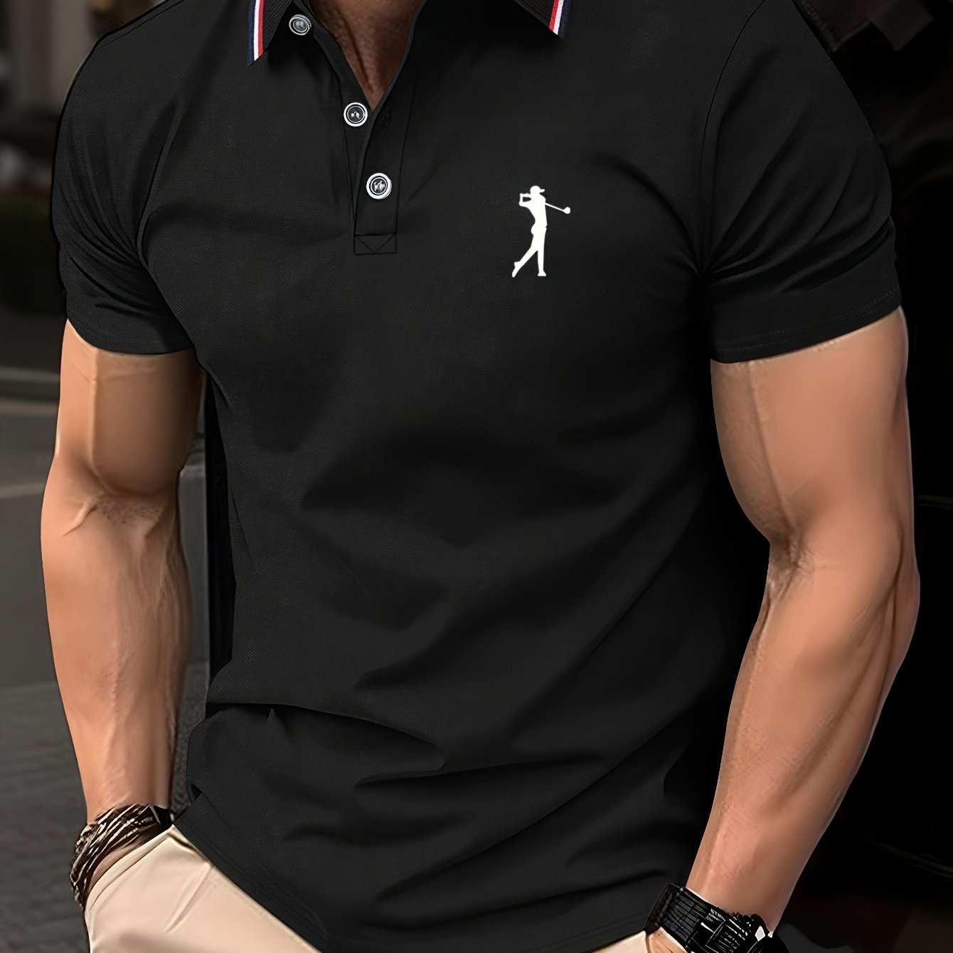Men's Summer Golf Print Polo Shirt with Geometric Pattern and Short Sleeves