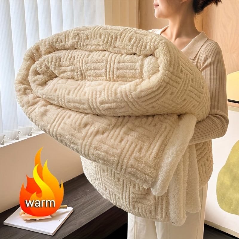 Одна современная двусторонняя вельветовая одеяло с геометрическим узором жаккард. Этот мягкий и теплый плед из шерпы идеально подходит для использования на диване, кровати или для кемпинга на открытом воздухе. Он отлично подходит для любого времени года.