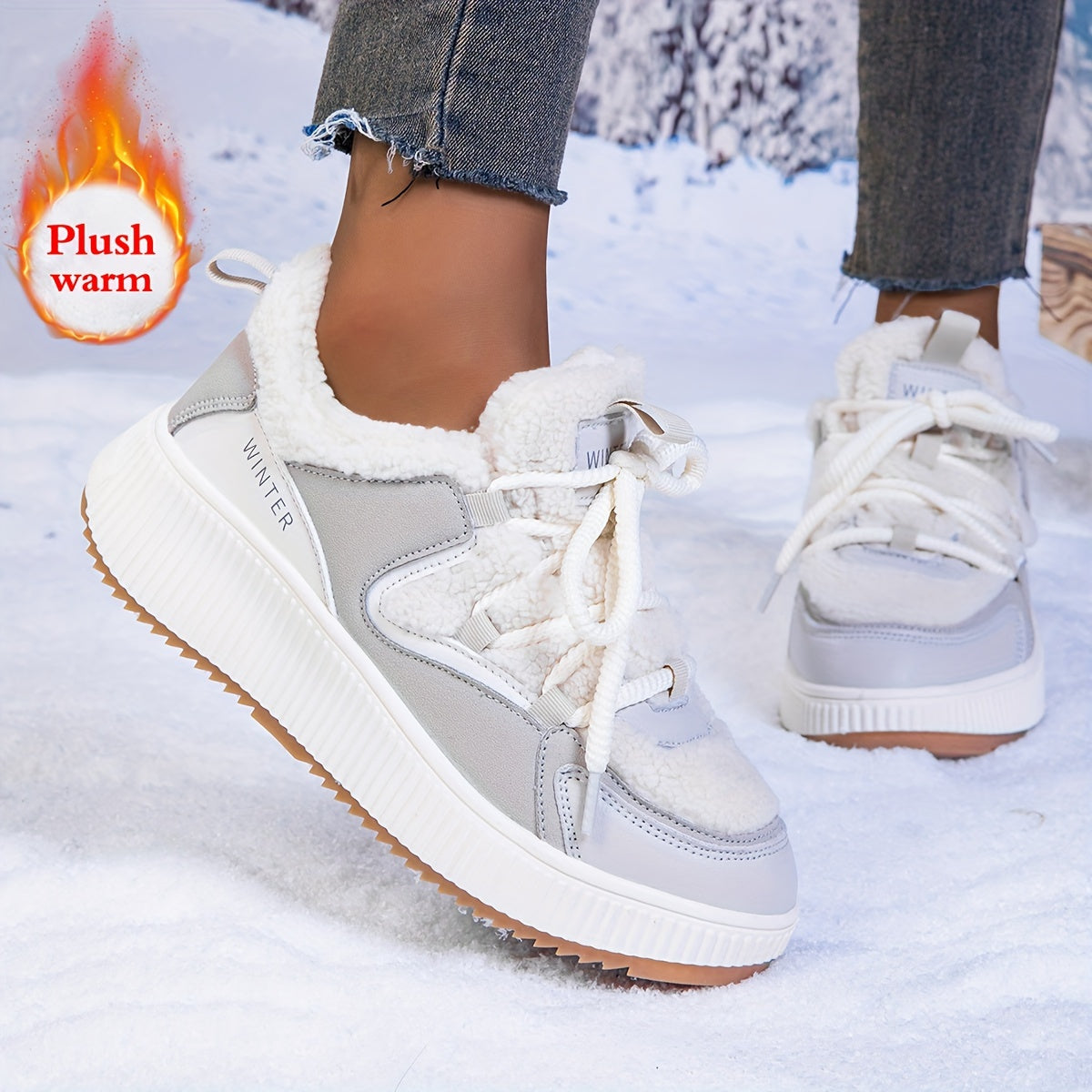 Women's Winter Sports Shoes Fleece-Lined Thick-Soled Sneakers