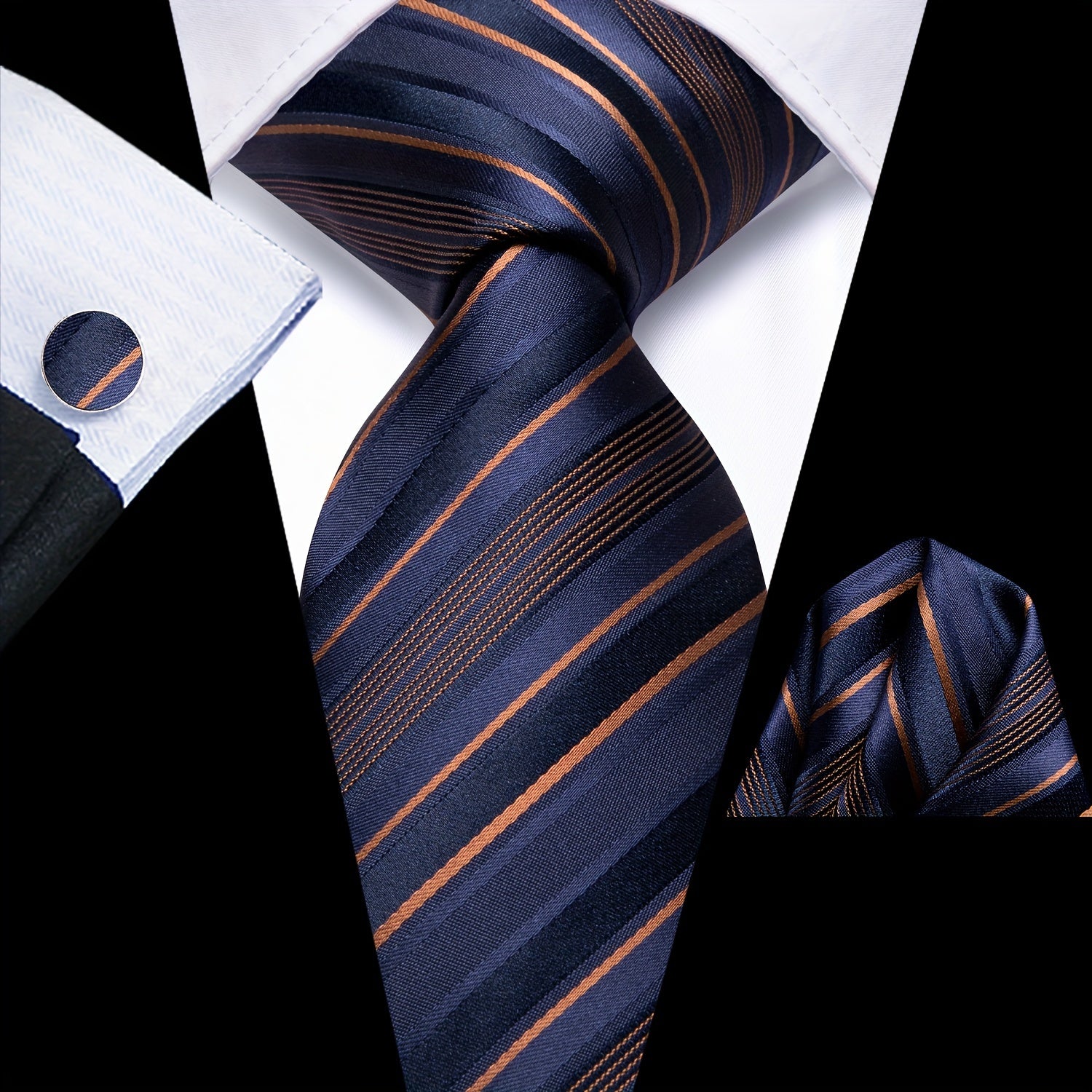 Men's Classic Striped Necktie Set with Cufflinks for Business and Party