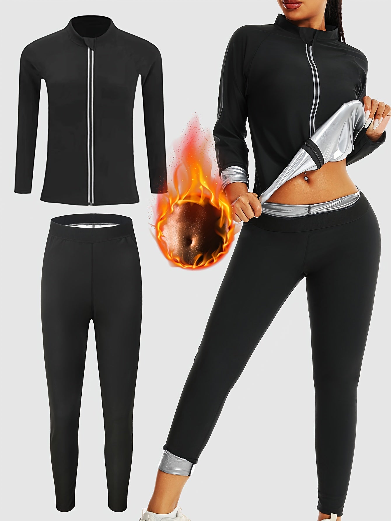 Women's Sauna Sweat Suit Set with Long Sleeve Zip-Up Jacket and Pants for Yoga and Fitness