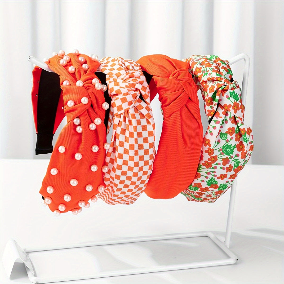 Set of 4 Women's Fabric Floral and Polka Dot Knotted Headbands with Faux Pearl Details