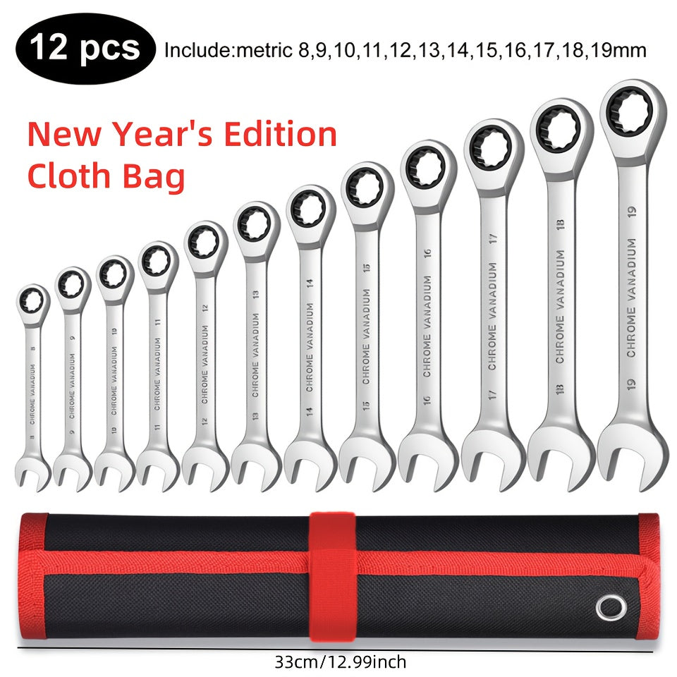 8/9/12 Piece Chrome Vanadium Steel Wrench Set with Red and Black Bag Open-End and Hexagon Wrenches