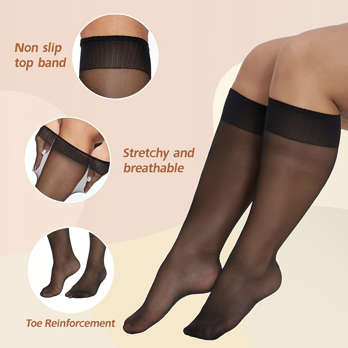 Plus Size Sheer Knee High Socks for Women 6 Pairs Nylon Ribbed Stockings in Black Light Brown Dark Brown