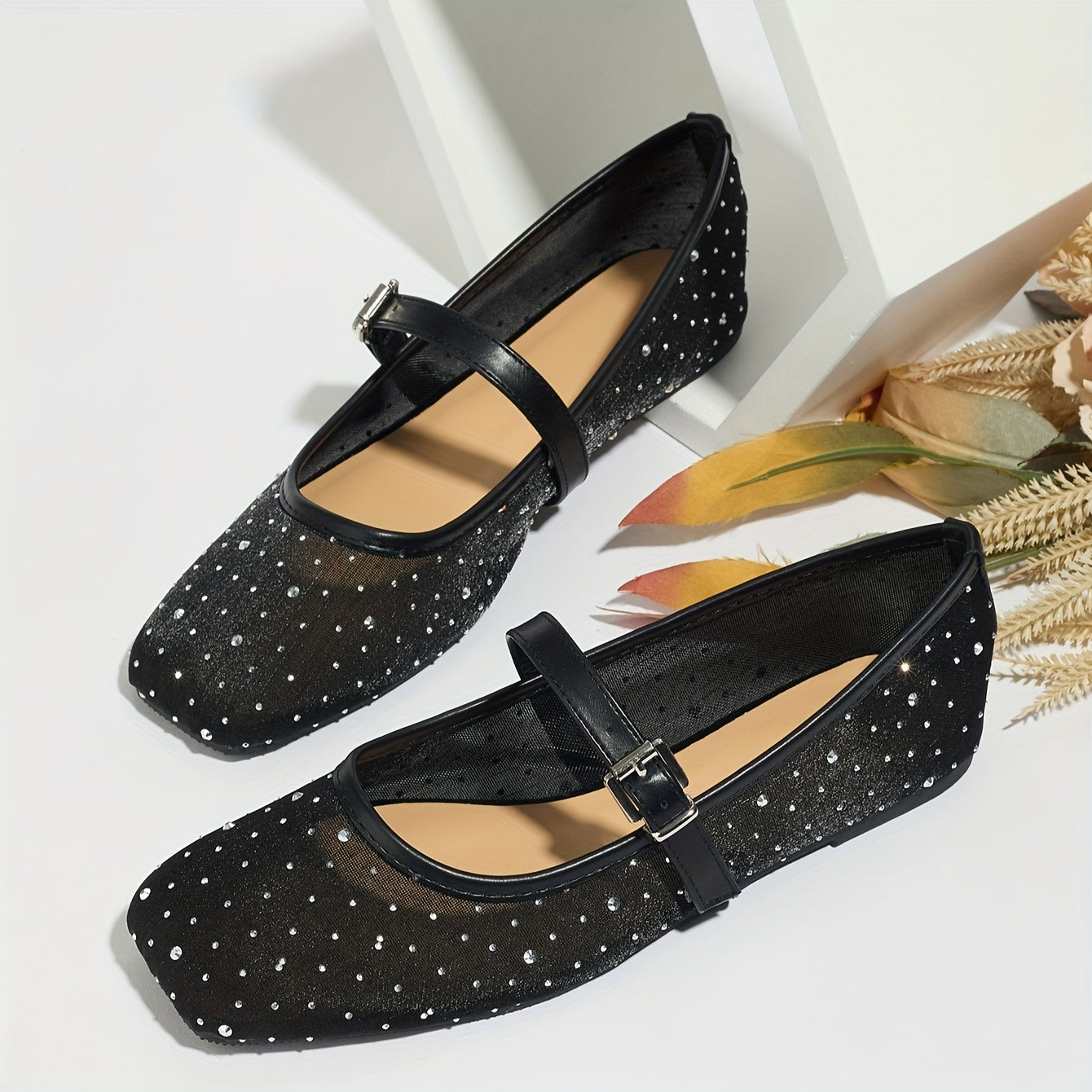 Zapatos planos de malla negra para mujer tipo Mary Jane con adornos de cristales