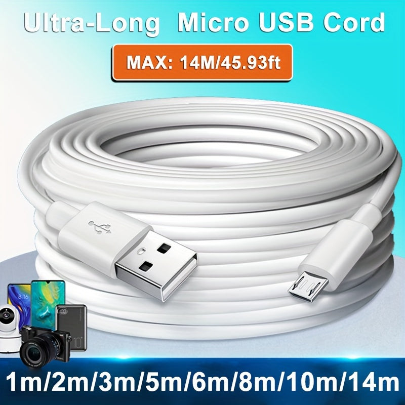 Cable de carga Micro USB de 30W, de 1 a 14 m, con cable redondo de PVC, transferencia de datos de alta velocidad y carga, compatible con teléfonos Android, cámaras, bancos de energía y dash cams