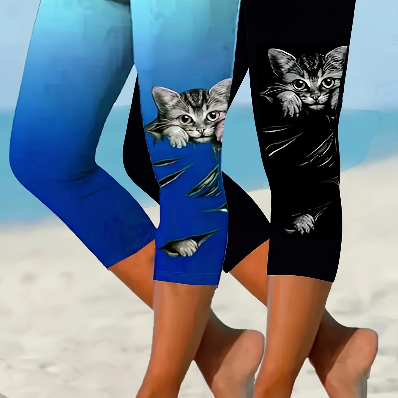 Women Plus Size Cat Print Capri Pants Fitted Comfortable Stretchable