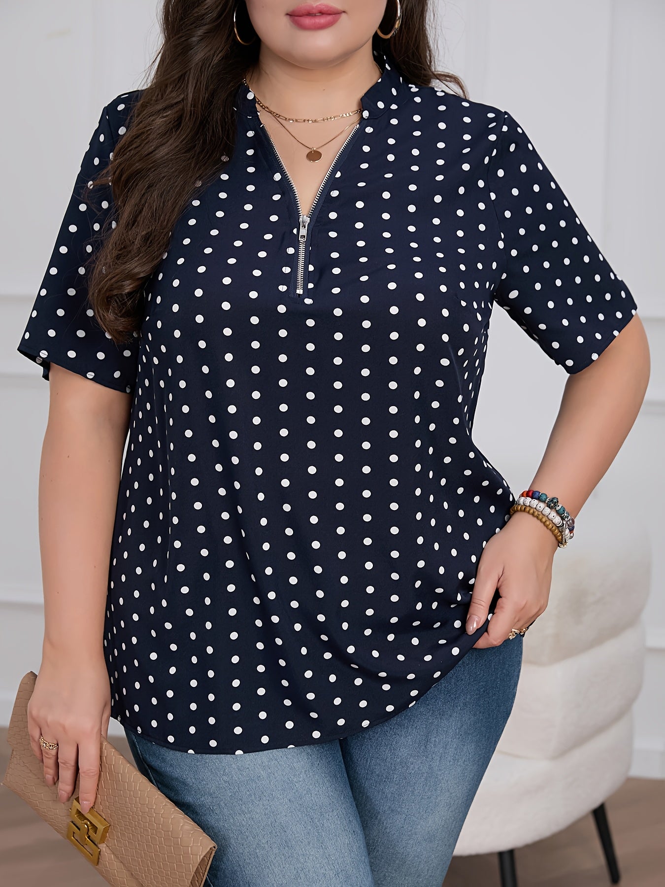 Women's Plus Size Polka Dot V-Neck Short Sleeve Zip Casual Summer Shirt