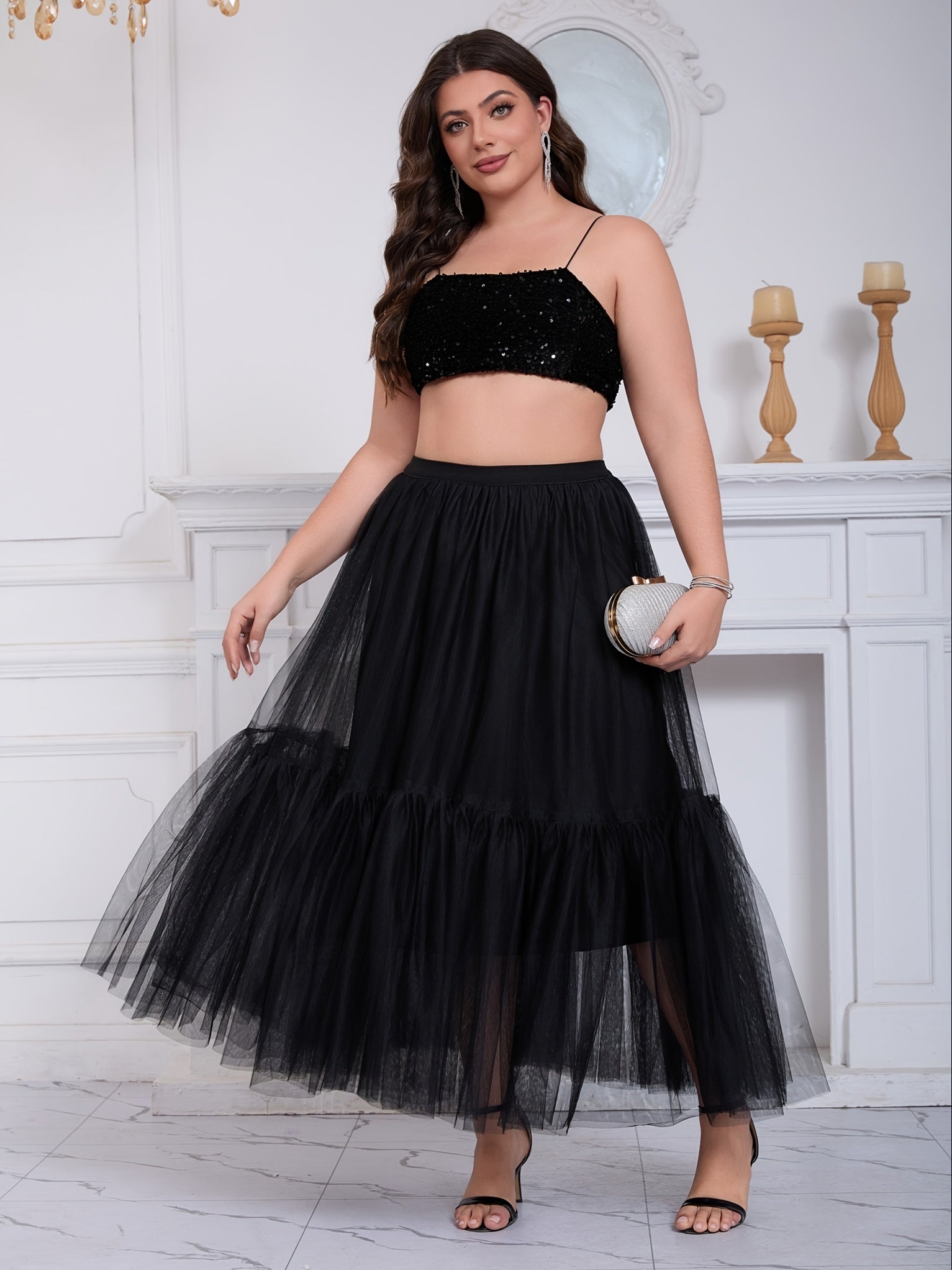 Women's Black Mesh Maxi Skirt Tiered High-Waisted Casual Elegant