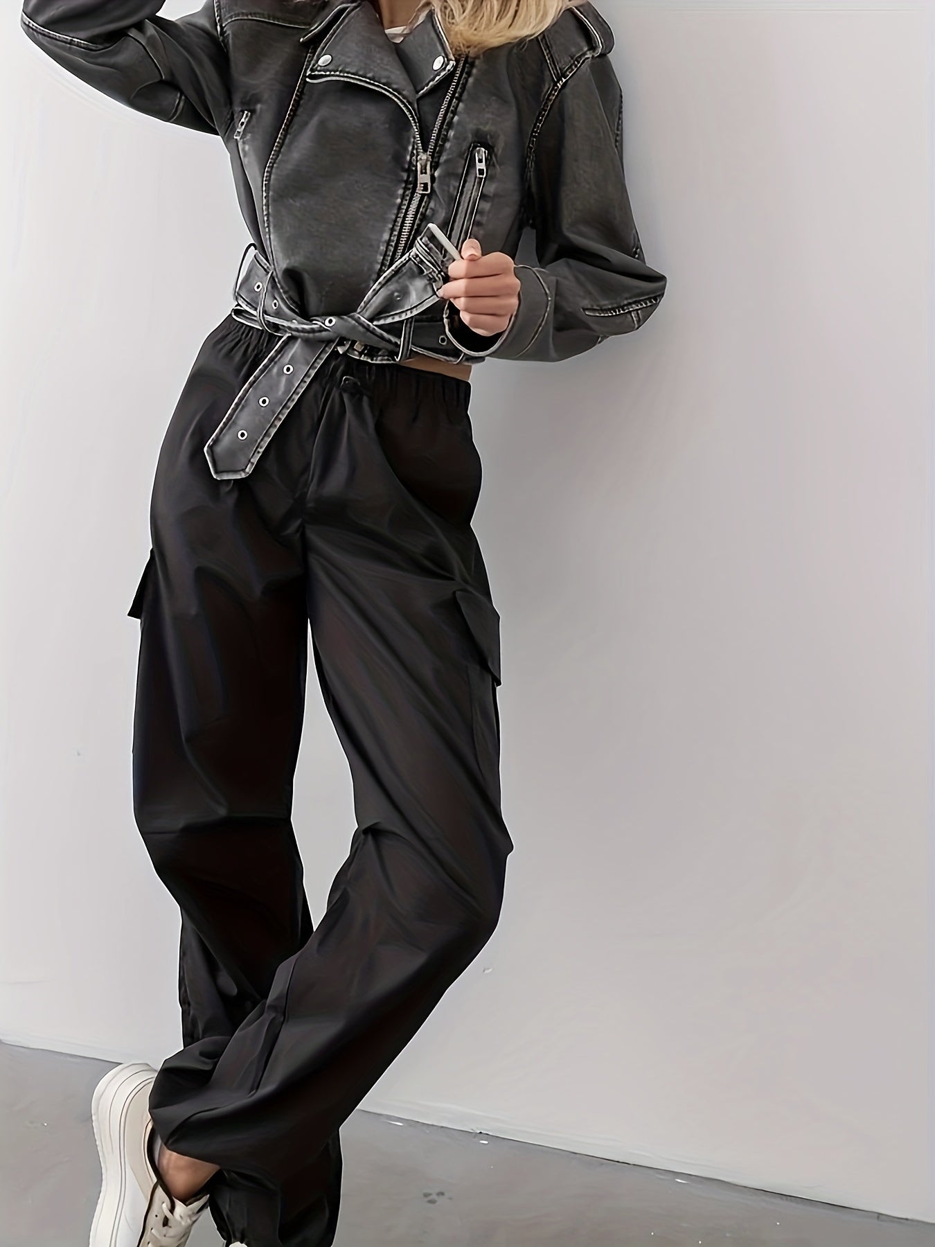 Women's Gray PU Leather Motorcycle Jacket with Adjustable Waist Belt for Spring and Fall