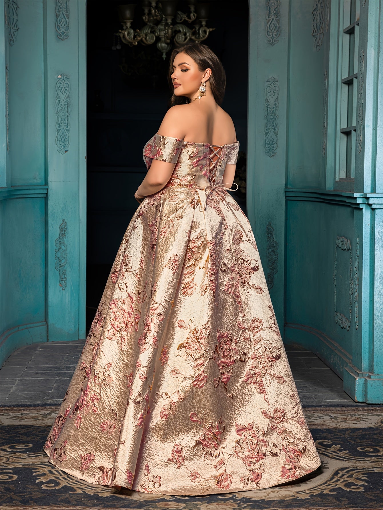 Plus Size Off-Shoulder Formal Evening Gown Floral Print Mermaid Bridal Dress