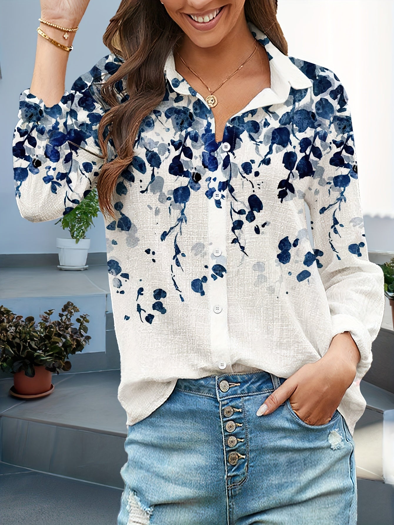 Women's Long Sleeve Shirt with 3D Digital Print Patchwork Lapel Collar Woven Fabric