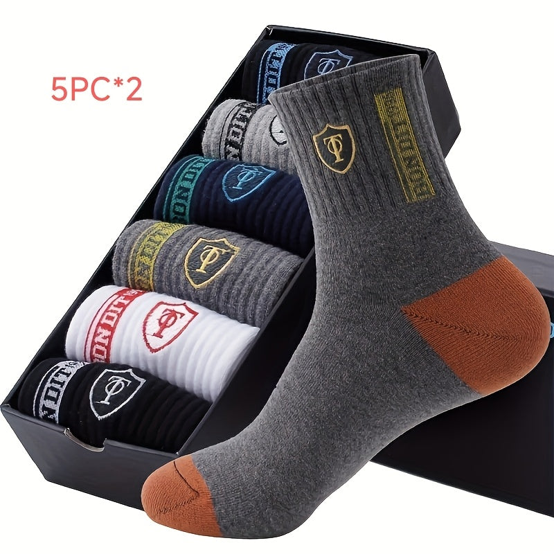 Men's Sports Crew Socks 10 Pairs Geometric Letter Pattern Cotton Polyester