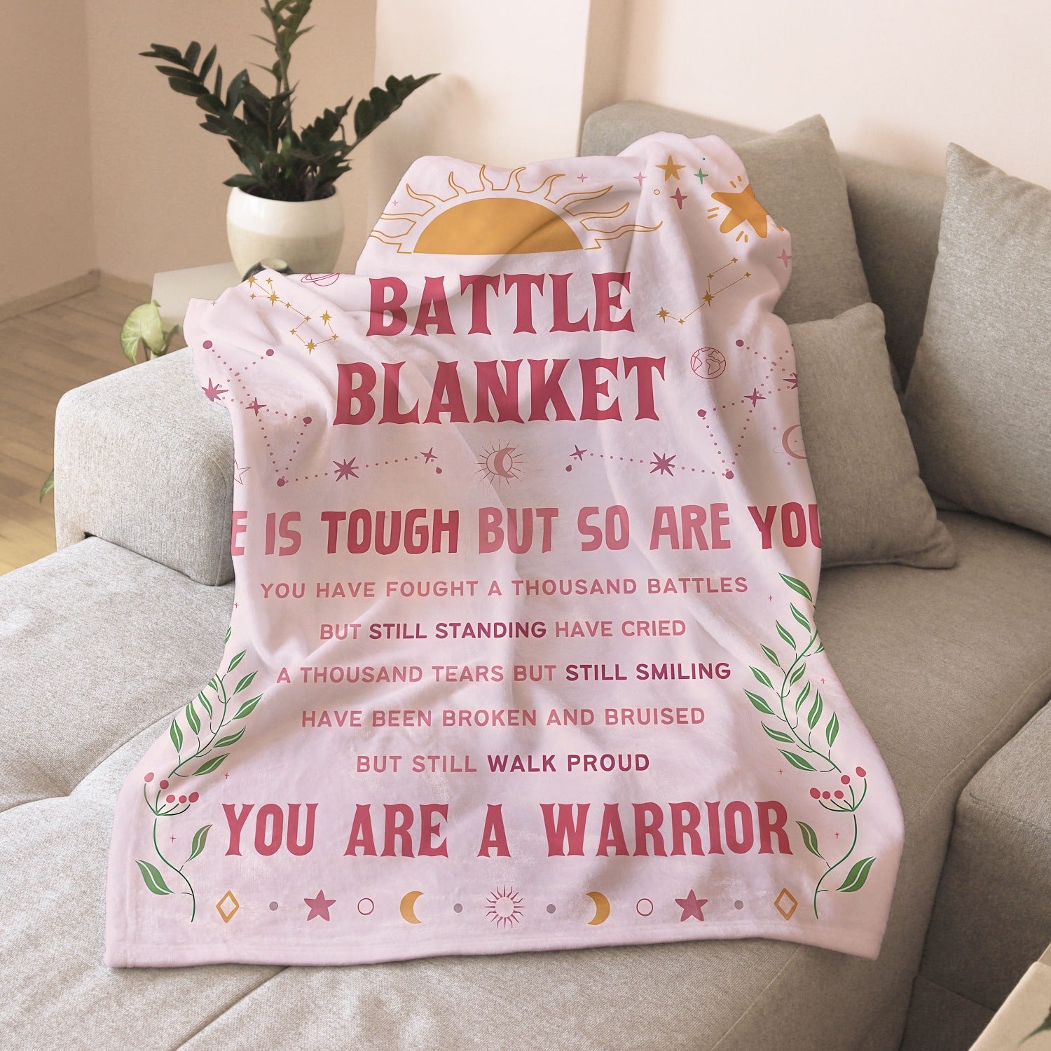 Women's Flannel Cancer Care Blanket with Uplifting Quotes for Chemo and Healing
