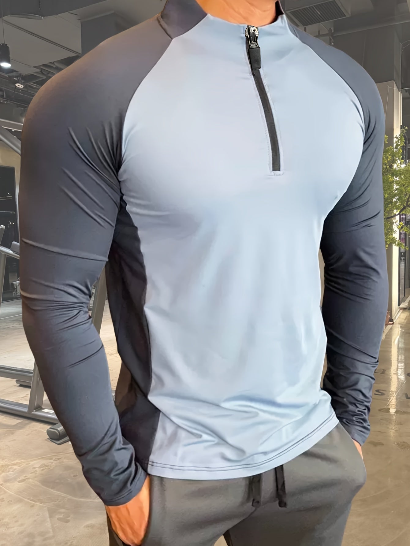 Camisa de manga larga para hombre de poliéster con cuello alto y media cremallera para todas las estaciones