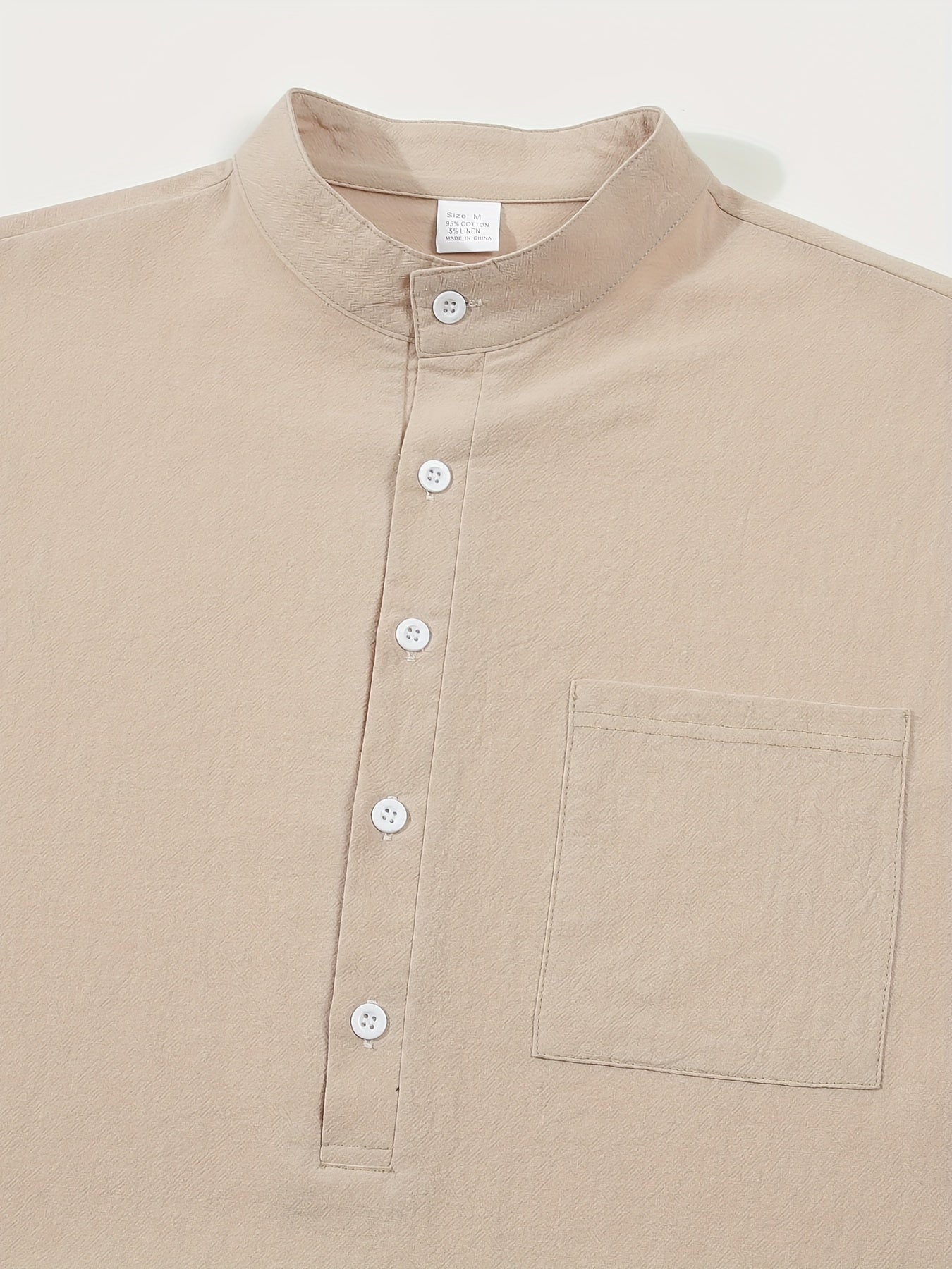 Men's Cotton Linen Henley Shirt with Mandarin Collar Short Sleeve Pocket Casual Spring Vacation