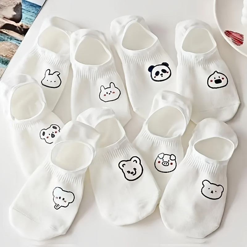 Women's White No-Show Socks 10 Pairs Animal Pattern Breathable Casual Socks