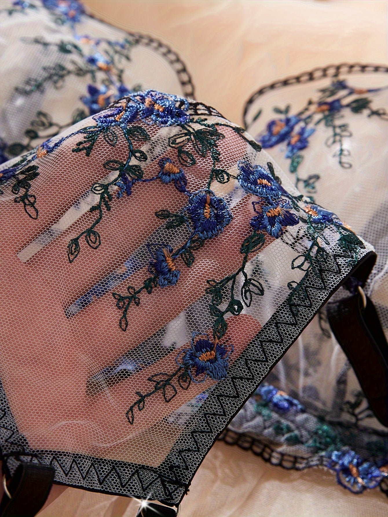 Plus Size Floral Embroidered Sheer Lingerie Set for Adults