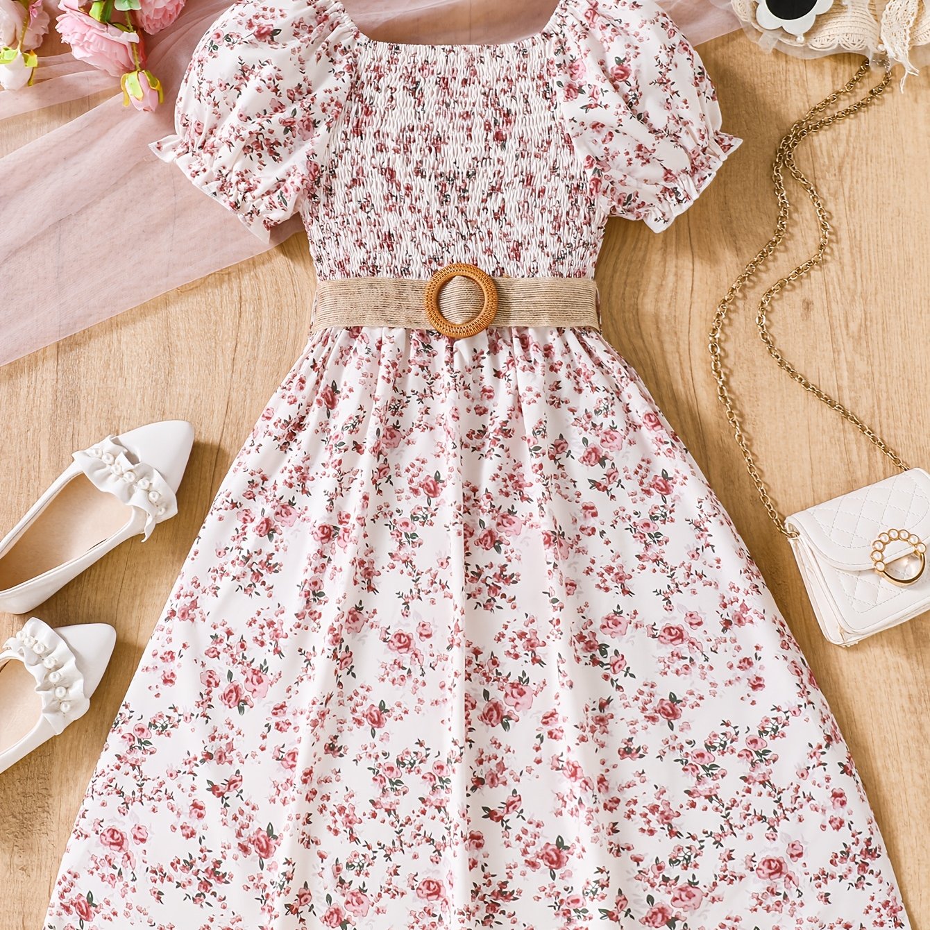 Girls Summer Dress Floral Puff Sleeves Belt Lightweight Polyester Machine Washable Beach Vacation