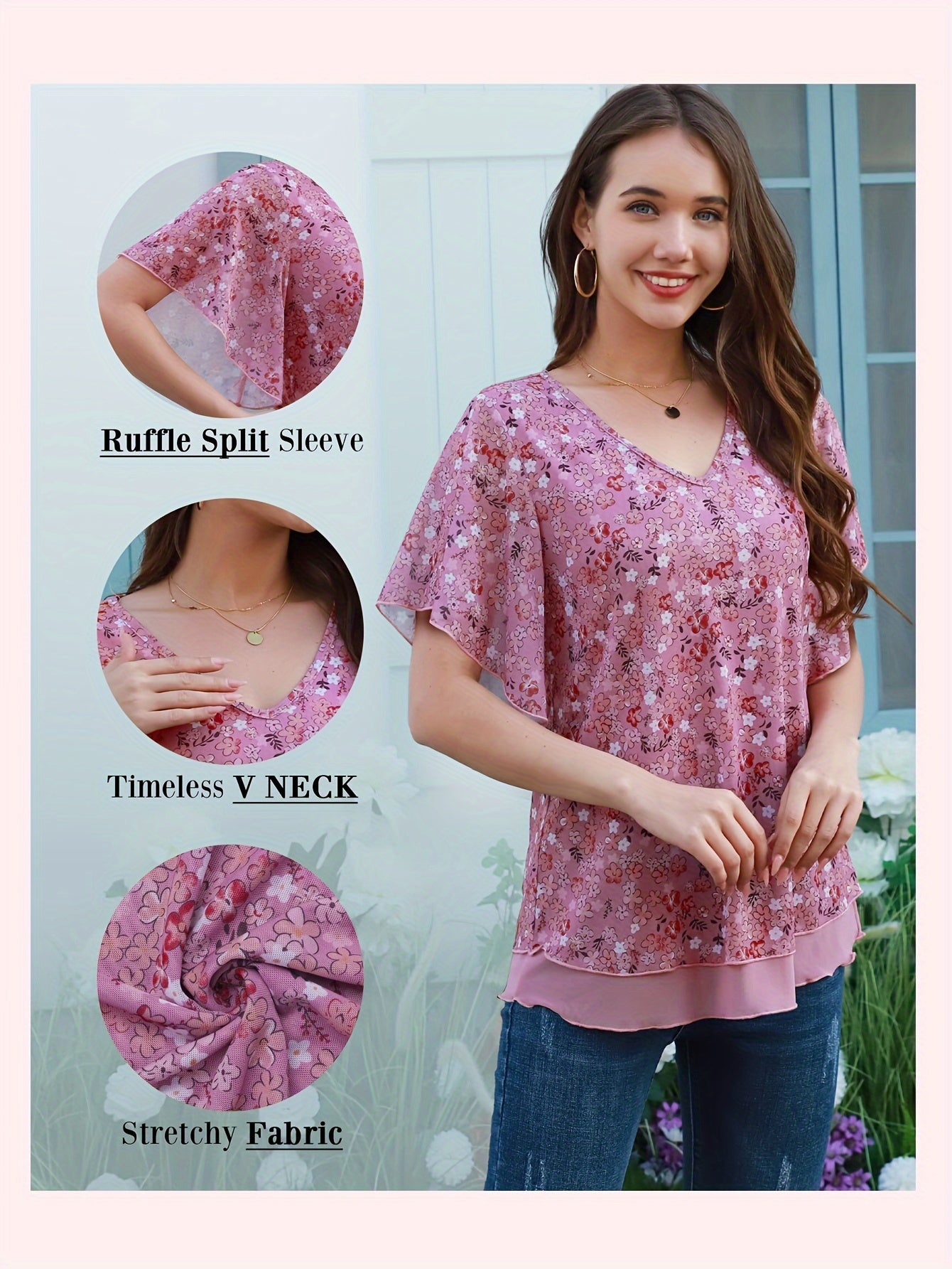Women's Mesh Blouse Short Sleeve V-Neck Floral Ruffle Summer Tunic Top