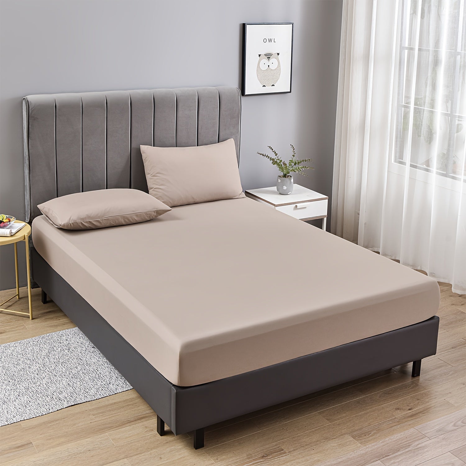 Sábanas ajustables 3 en 1 color beige claro con fundas de almohada, transpirables y suaves para dormitorio y habitación de invitados