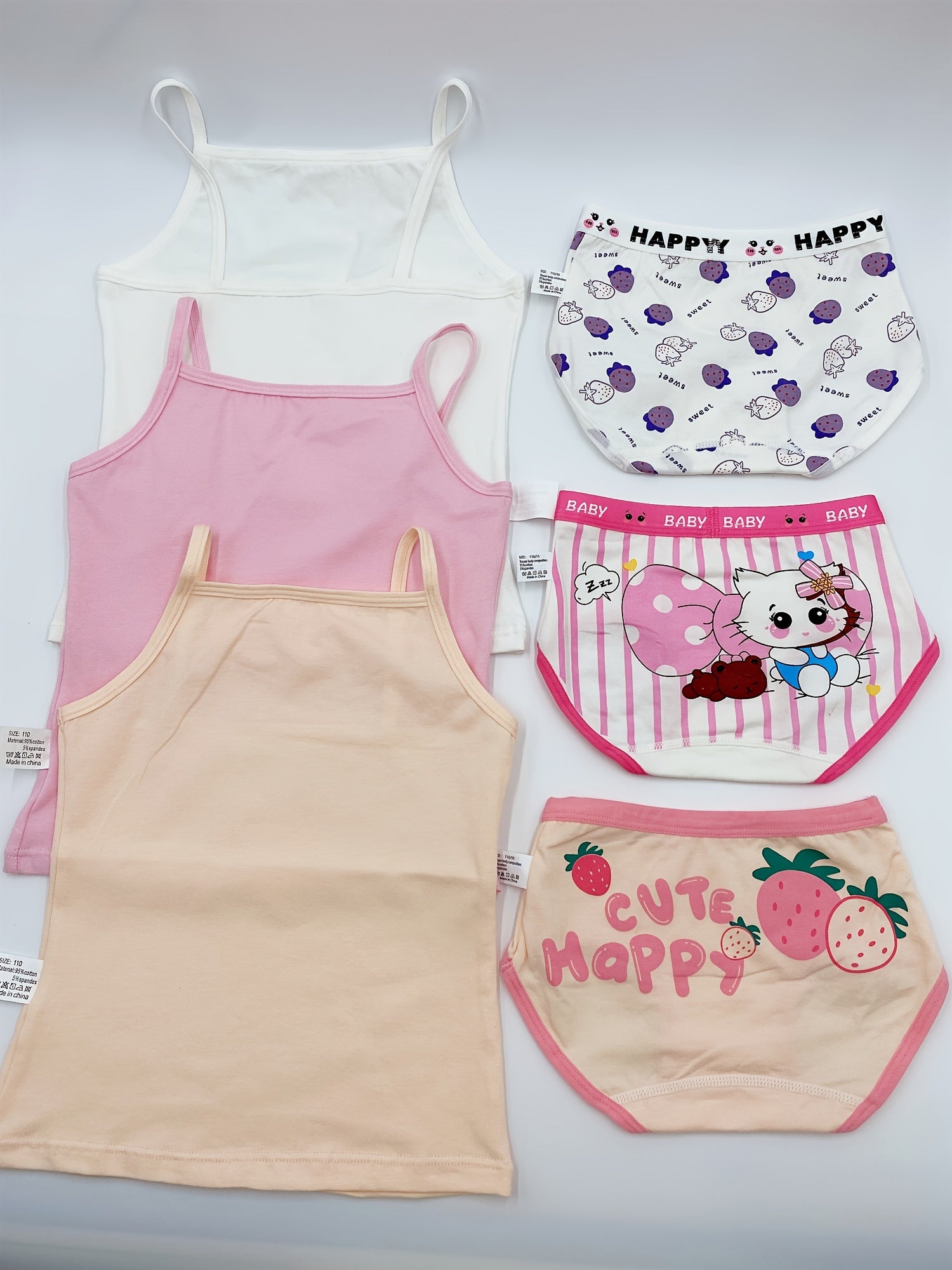 Girls Cotton Underwear Set 3-Piece Cartoon Tank Tops and Briefs All-Season Breathable Comfort