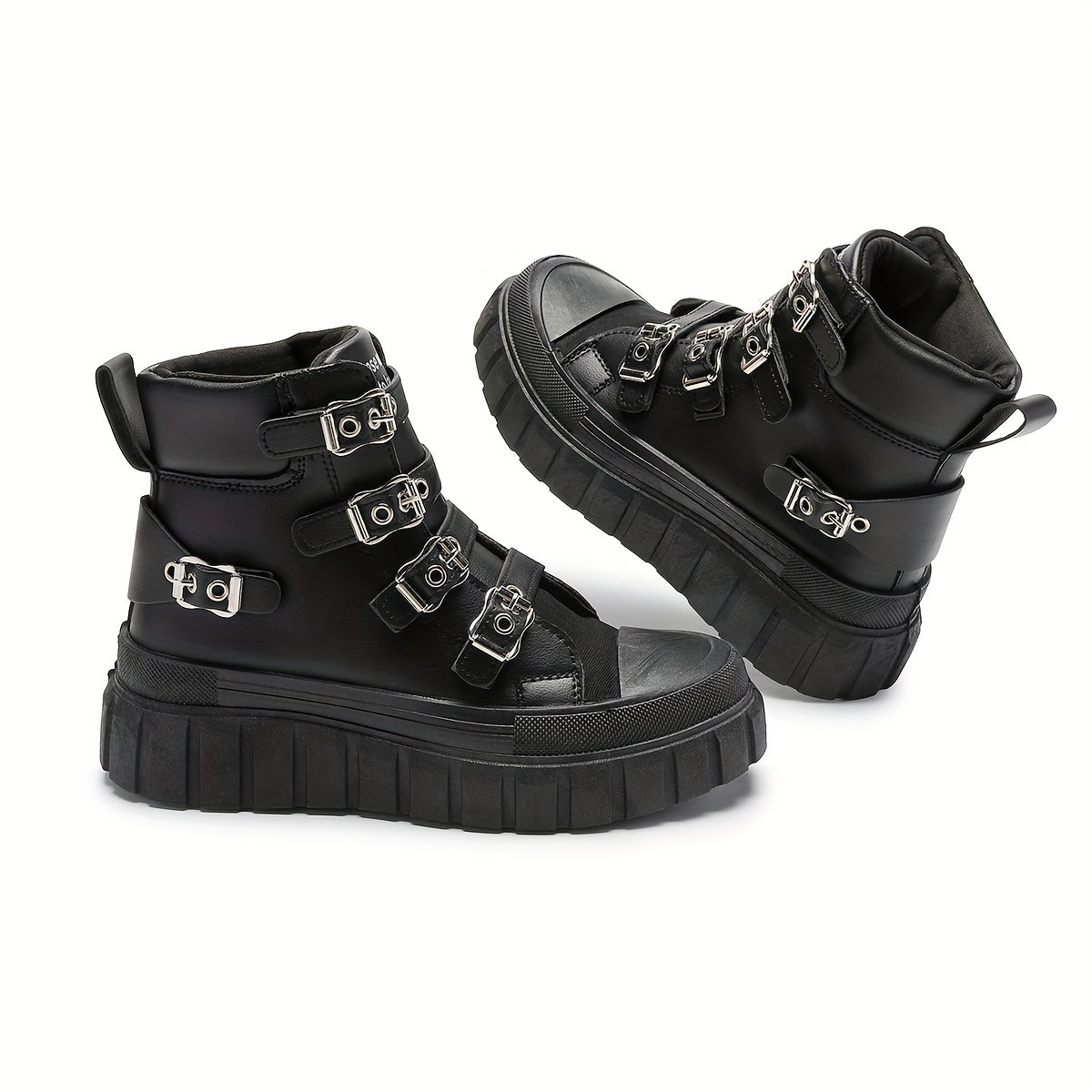 Women's Black Platform Ankle Boots with Thick Sole and Buckle Straps