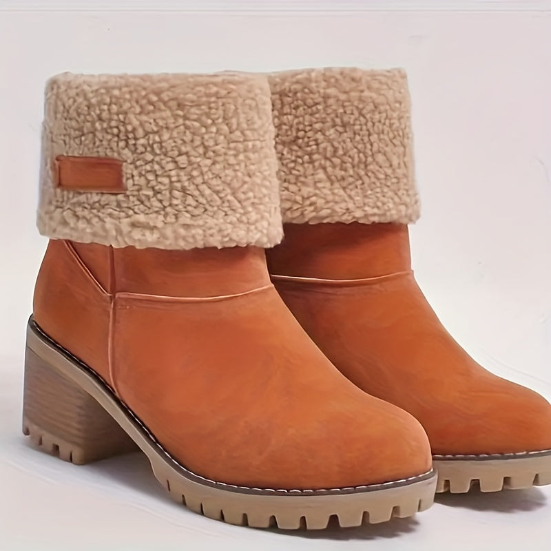 Women's Plush-Lined Chunky Heel Ankle Boots Solid Color Slip-On Winter Booties