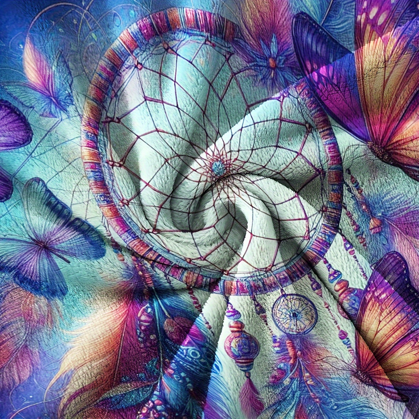 Multicolor Flannel Throw Blanket with Dreamcatcher and Butterfly Prints for Home and Travel