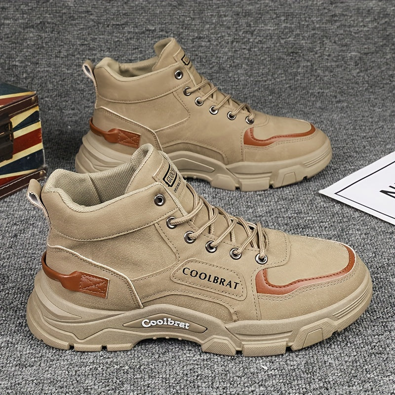 Men's Beige High-Top Work Boots Non-Slip Durable Casual Hiking PVC Sole